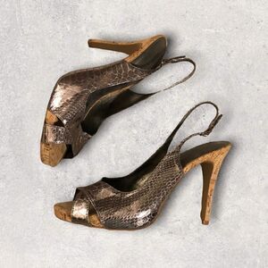 : : Kelly & Katie Open Toe Metallic Snake Print Heels : :